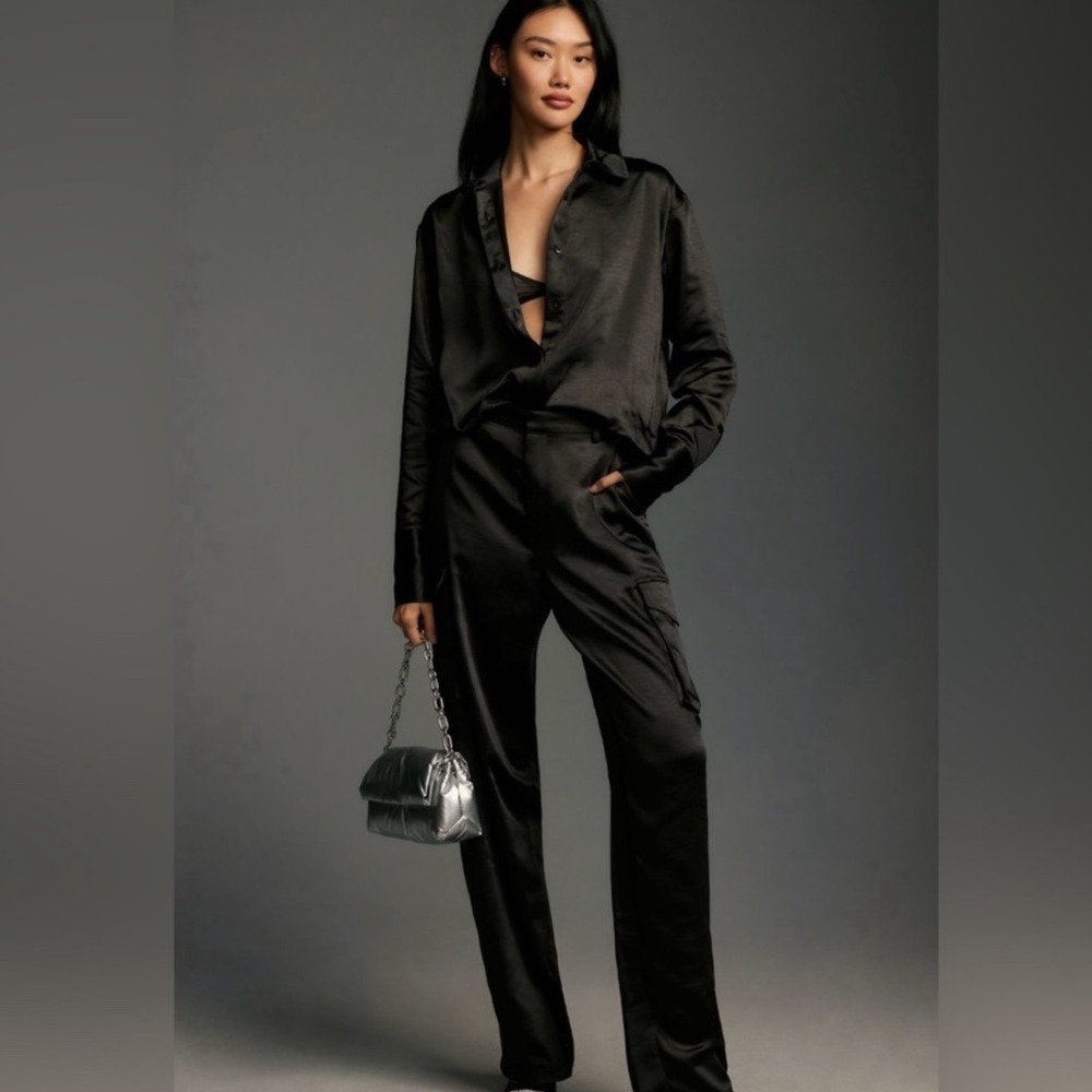 Anthropologie Good American Satin Cargo Pants Black 4 NWT